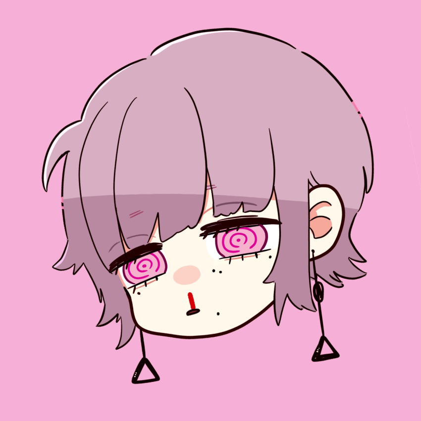 1girl, blood, chainsaw_man, earrings, fami_(chainsaw_man), highres, jewelry, multiple_moles, nosebleed, pink_background, pink_eyes, popotarosanpo, purple_hair, short_hair, solo