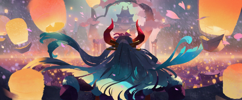 1girl, absurdres, aqua_hair, back, castle, cherry_blossoms, commentary_request, english_commentary, falling_petals, floating_hair, hair_ornament, highres, horns, lantern, maru_lana, one_piece, paper_lantern, petals, ponytail, red_horns, solo, yamato_(one_piece)