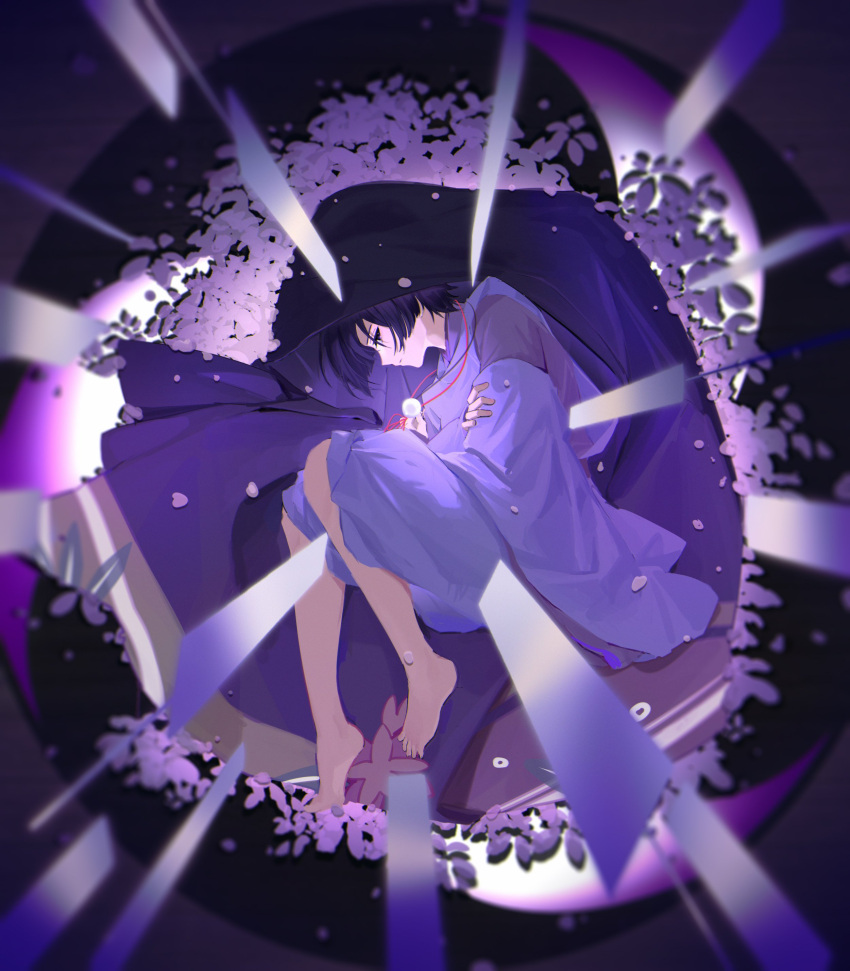 1boy, absurdres, barefoot, black_eyes, blunt_ends, closed_mouth, clothing_cutout, curled_up