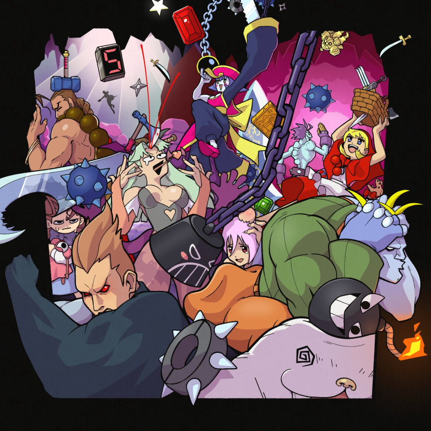 5boys, 5girls, @_@, animal_print, anita_(darkstalkers), arthropod_girl, b.b._hood, basket