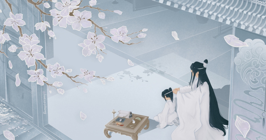 2boys, adjusting_another's_clothes, architecture, black_hair, branch, child, chinese_clothes, chinese_hairpin