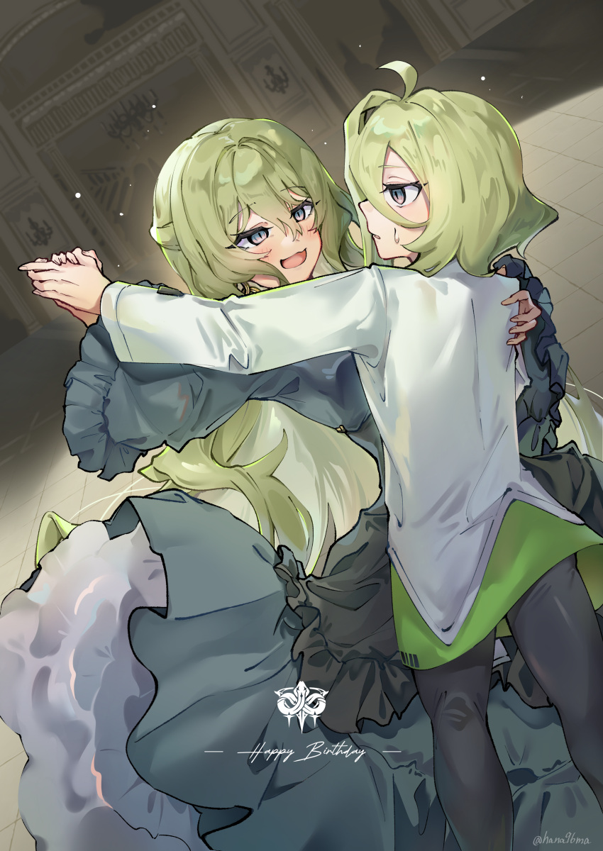 2girls, absurdres, black_pants, blush, commentary_request, dancing, dress, gown