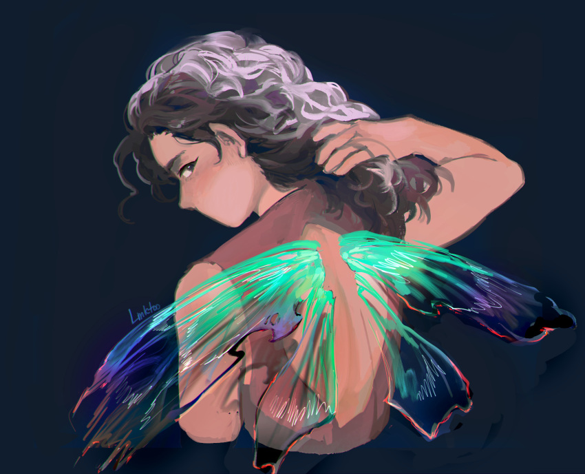 1girl, back_cutout, blue_background, broken_wing, brown_eyes, brown_hair, burnt, clothing_cutout