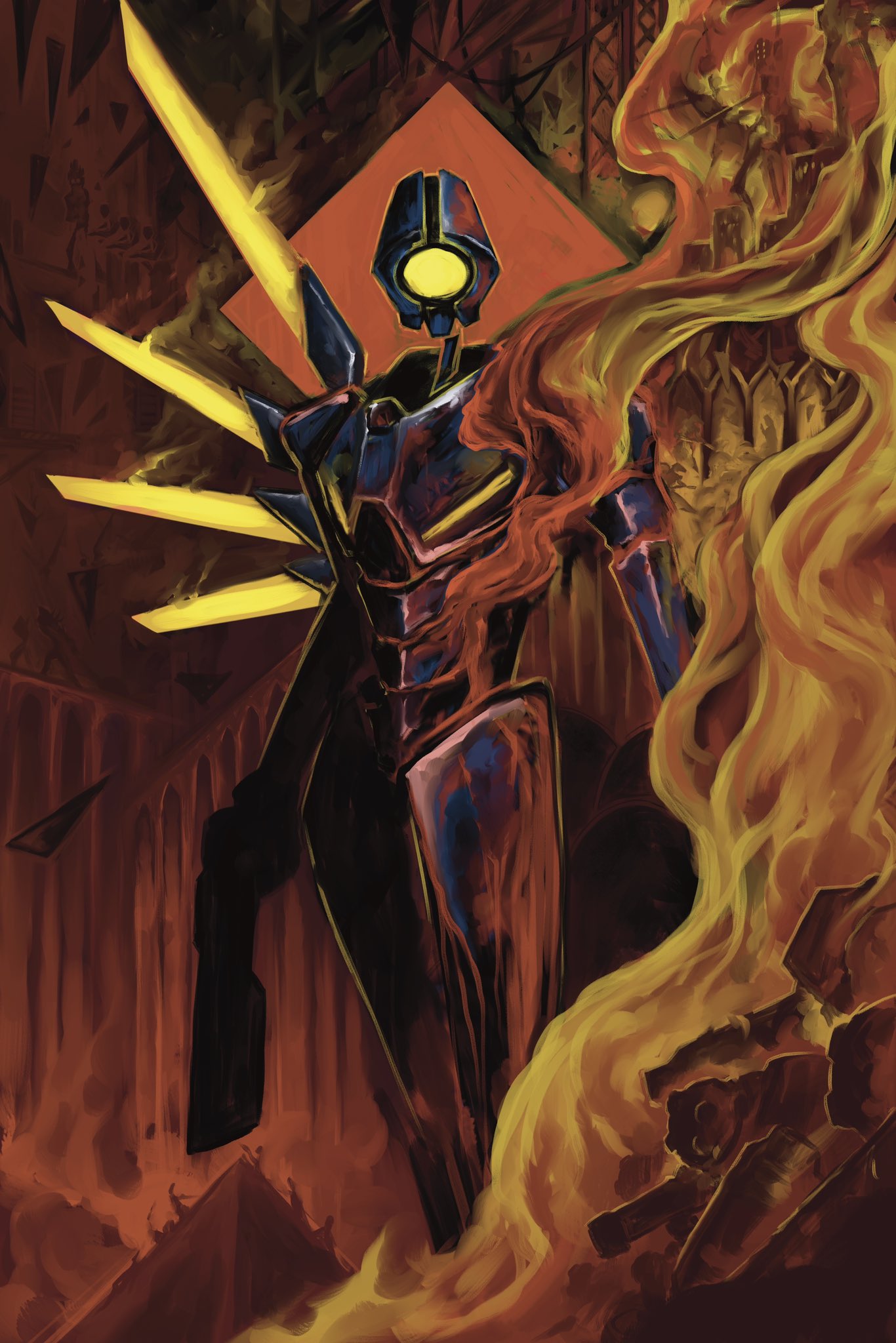 alivewake, commentary, energy_wings, gun, highres, holding, holding_gun, holding_weapon, humanoid_robot, looking_at_viewer, mechanical_arms, mechanical_legs, mechanical_wings, no_humans, one-eyed, robot, science_fiction, smoke, solo, ultrakill, v1_(ultrakill), weapon, wings