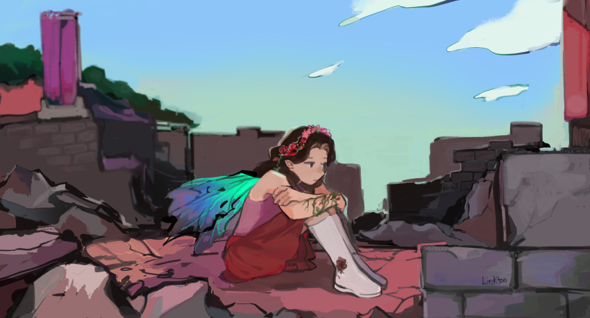 1girl, boots, brown_hair, commentary, dream_smp, english_commentary, fairy, fairy_wings