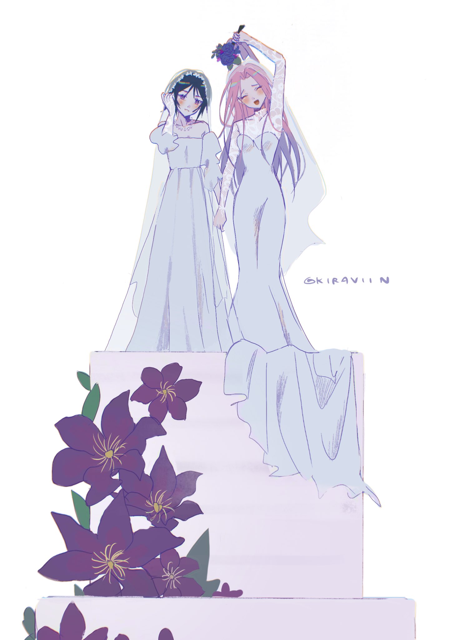 2girls, alien_stage, alternate_costume, artist_name, black_hair, blue_hair, blush, bouquet