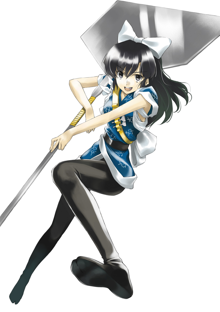 bad_id, black_hair, bow, gray_pantyhose, hairband, japanese_clothes, kuonji_ukyo, kuonji_ukyou, long_hair, pantyhose, ranma_1/2, ribbon, spatula, tights