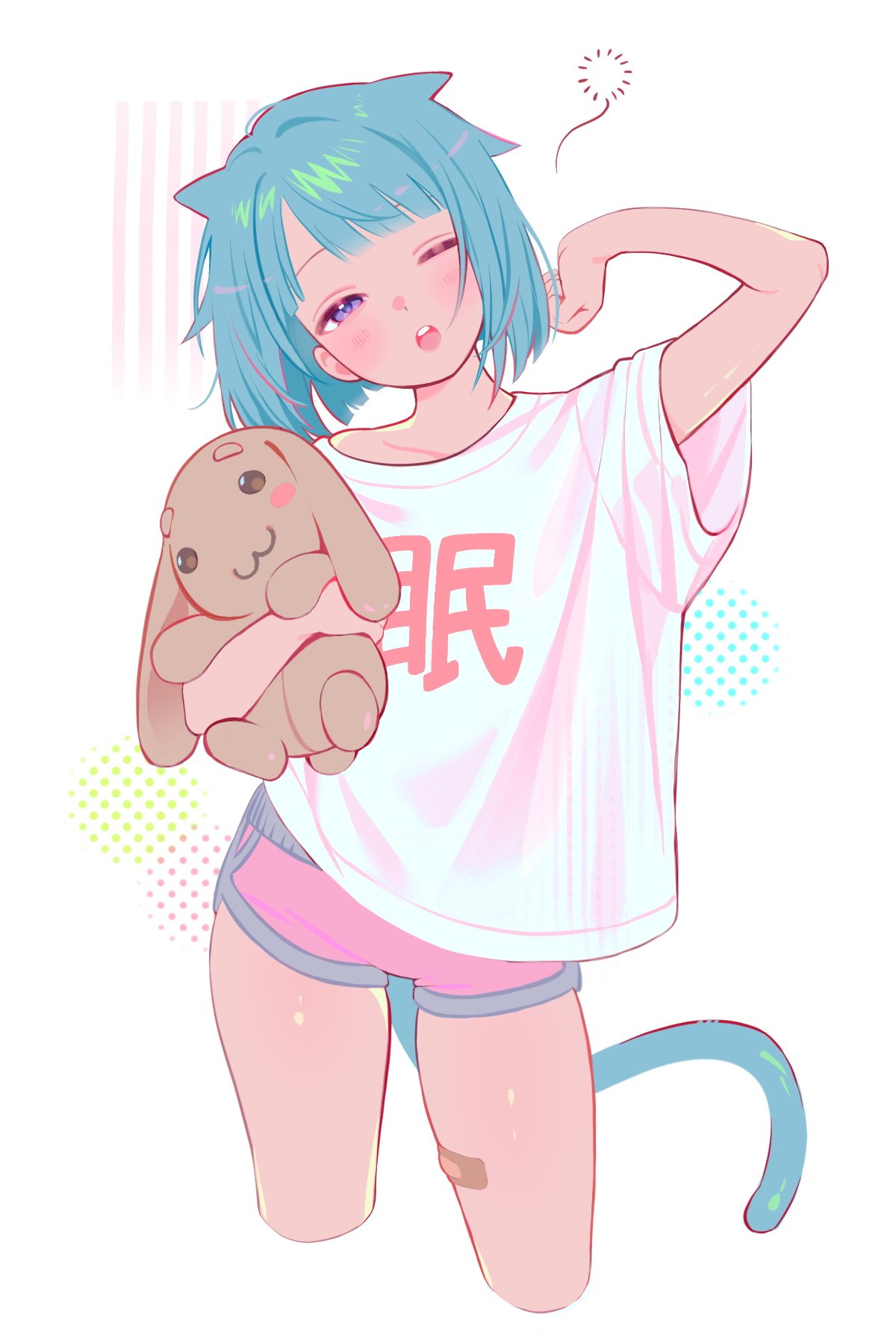 1girl, animal_ears, arm_up, b_zebuk, bandaid_on_thigh, blue_eyes, blue_hair, cat_ears, cat_girl, cat_tail, clothes_writing, highres, holding, holding_stuffed_toy, hugging_object, one_eye_closed, open_mouth, original, pink_shorts, shirt, short_hair, short_shorts, short_sleeves, shorts, solo, stretching, stuffed_animal, stuffed_toy, tail, thighs, white_shirt, yawning