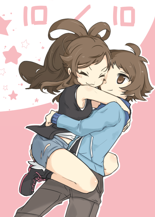 1boy, 1girl, antenna_hair, black_footwear, blue_jacket, boots, brown_eyes, brown_hair