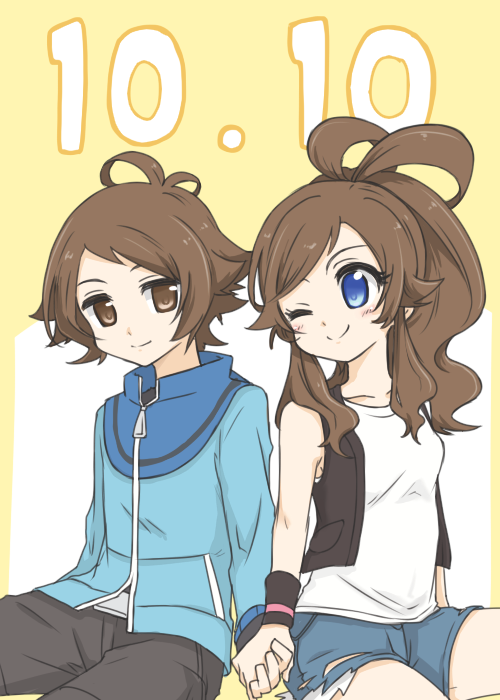 1boy, 1girl, antenna_hair, blue_eyes, blue_jacket, brown_eyes, brown_hair, chiyo408