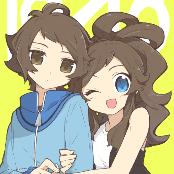 1boy, 1girl, antenna_hair, blue_eyes, blue_jacket, brown_eyes, brown_hair, chiyo408, hilbert_(pokemon), hilda_(pokemon), holding_another's_arm, jacket, no_headwear, one_eye_closed, pokemon, pokemon_bw, ponytail, shirt, sleeveless, sleeveless_shirt, smile, upper_body, yellow_background