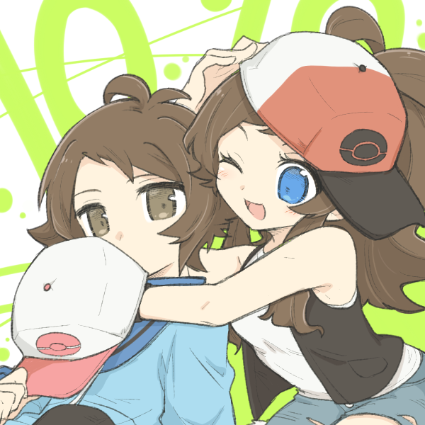 1boy, 1girl, baseball_cap, blue_eyes, blue_jacket, brown_eyes, brown_hair, chiyo408