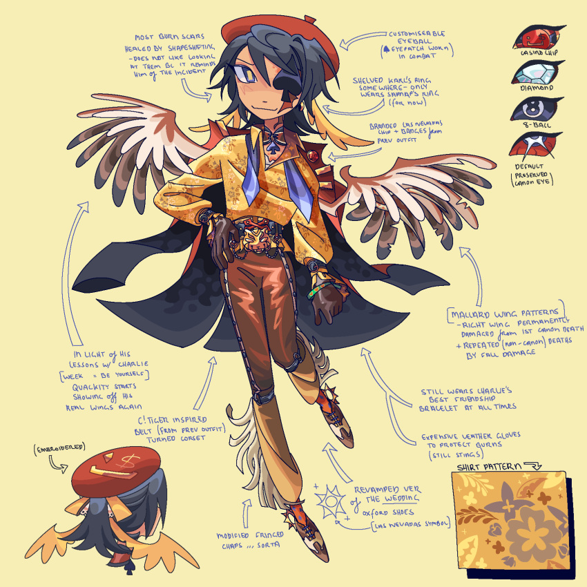 1boy, 8-ball, alienssstufff, alternate_costume, beret, bird_boy, bird_wings, blue_eyes