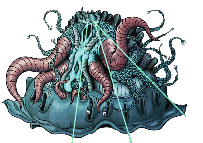 alien, cosmic_fortress_gol'gar, duel_monster, eldritch_abomination, extra_eyes, eye_beam, fangs, giant, giant_monster, highres, monster, no_humans, open_mouth, red_eyes, sharp_teeth, space, spacecraft, teeth, tentacles, tk_moai_create, yu-gi-oh!