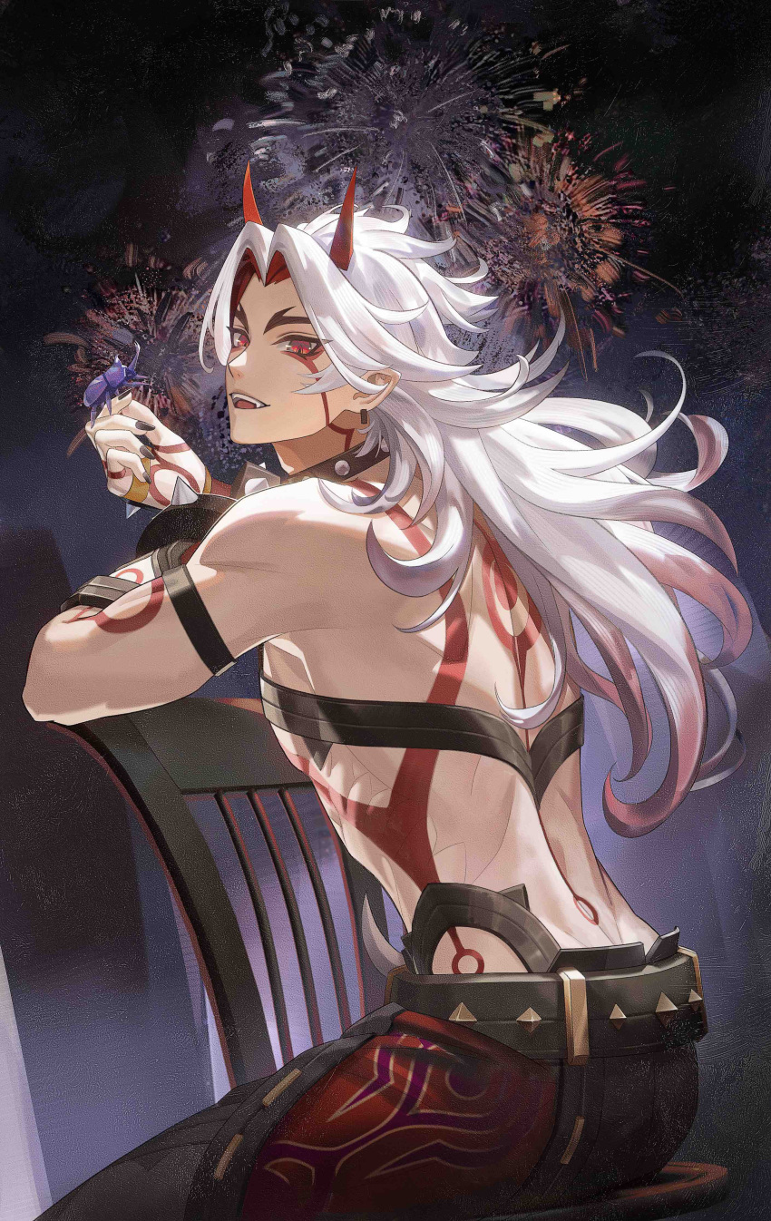 1boy, absurdres, aerial_fireworks, arataki_itto, arm_strap, back, bare_shoulders, beetle