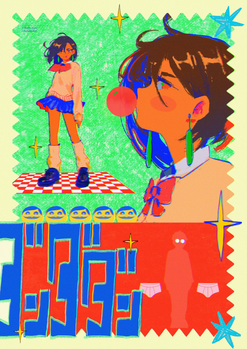 1girl, absurdres, alien, ayase_momo, blue_skirt, bow, bowtie, brown_hair