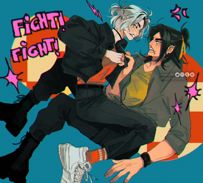 2boys, alternate_costume, alternate_universe, angry, artist_name, belt, black_hair, black_jacket