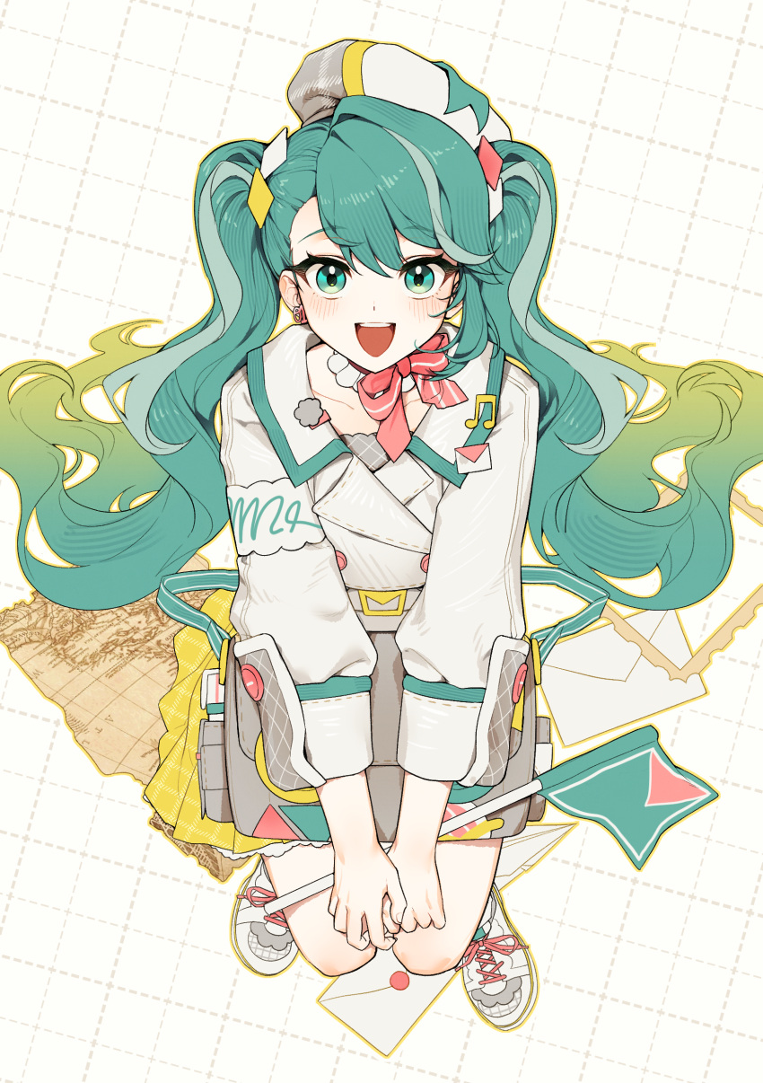 1girl, :d, absurdres, aqua_eyes, aqua_hair, aqua_ribbon, armband, bag, bag_on_lap, beamed_eighth_notes, beret, blonde_hair, blush, bow, bowtie, brown_bag, buttons, cika_k, collarbone, commentary, cross-laced_footwear, diamond_(shape), diamond_hair_ornament, dotted_line, double-breasted, earrings, envelope, fingernails, flag, from_above, full_body, gradient_hair, grey_hair, grid_background, hair_spread_out, hat, hat_ribbon, hatsune_miku, highres, jacket, jewelry, lapels, leaning_back, long_hair, looking_at_viewer, looking_up, magical_mirai_(vocaloid), magical_mirai_miku, magical_mirai_miku_(2024), map_(object), messenger_bag, miku_day, multicolored_hair, multicolored_hat, musical_note, musical_note_ornament, notched_lapels, number_earrings, open_mouth, outline, own_hands_together, raised_eyebrows, red_bow, red_bowtie, ribbon, shoes, shoulder_bag, simple_background, single_earring, sitting, skirt, sleeves_past_elbows, smile, sneakers, solo, streaked_hair, teeth, thick_eyelashes, twintails, upper_teeth_only, v_arms, very_long_hair, vocaloid, white_background, white_footwear, white_hat, white_jacket, yellow_outline, yellow_skirt