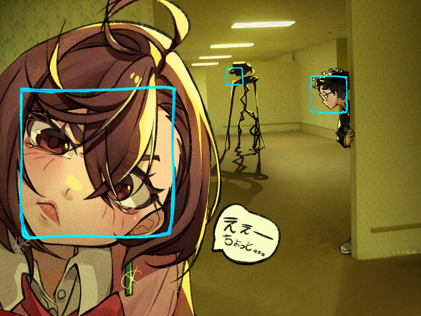 1boy, 1girl, ayase_momo, backrooms_(creepypasta), bacteria_(backrooms), black_hair, bow, bowtie, brown_eyes, brown_hair, closed_mouth, collared_shirt, commentary, dandadan, earrings, facial_recognition, full_body, gakuran, glasses, glint, hair_between_eyes, highres, jewelry, kiki_nene, lips, looking_at_viewer, loose_bowtie, monster, pink_lips, pink_sweater, red_bow, red_bowtie, round_eyewear, school_uniform, shirt, speech_bubble, sweater, takakura_ken_(dandadan), translation_request, upper_body, white_shirt