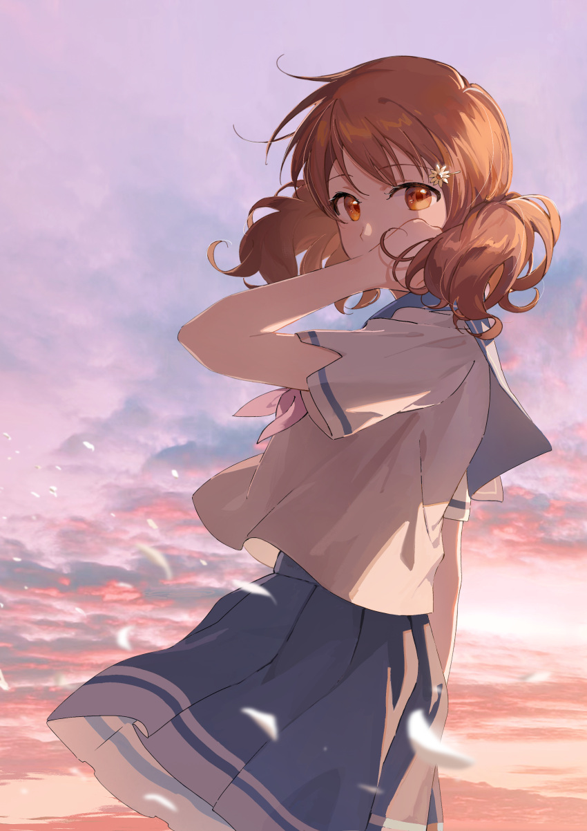 1girl, absurdres, anqininnn, blue_sailor_collar, blue_skirt, brown_eyes, brown_hair, cowboy_shot, day, flower, from_side, hair_flower, hair_ornament, hibike!_euphonium, highres, kitauji_high_school_uniform, long_hair, looking_at_viewer, miniskirt, neckerchief, oumae_kumiko, outdoors, pink_neckerchief, pleated_skirt, sailor_collar, sailor_shirt, school_uniform, shirt, skirt, solo, standing, twintails, white_flower, white_shirt