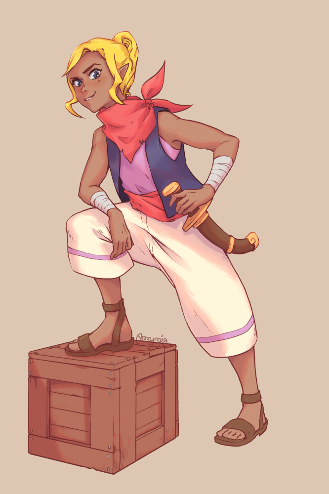 1girl, amymja, bandana, bandana_around_neck, blue_eyes, box, captain_morgan_pose, dark-skinned_female