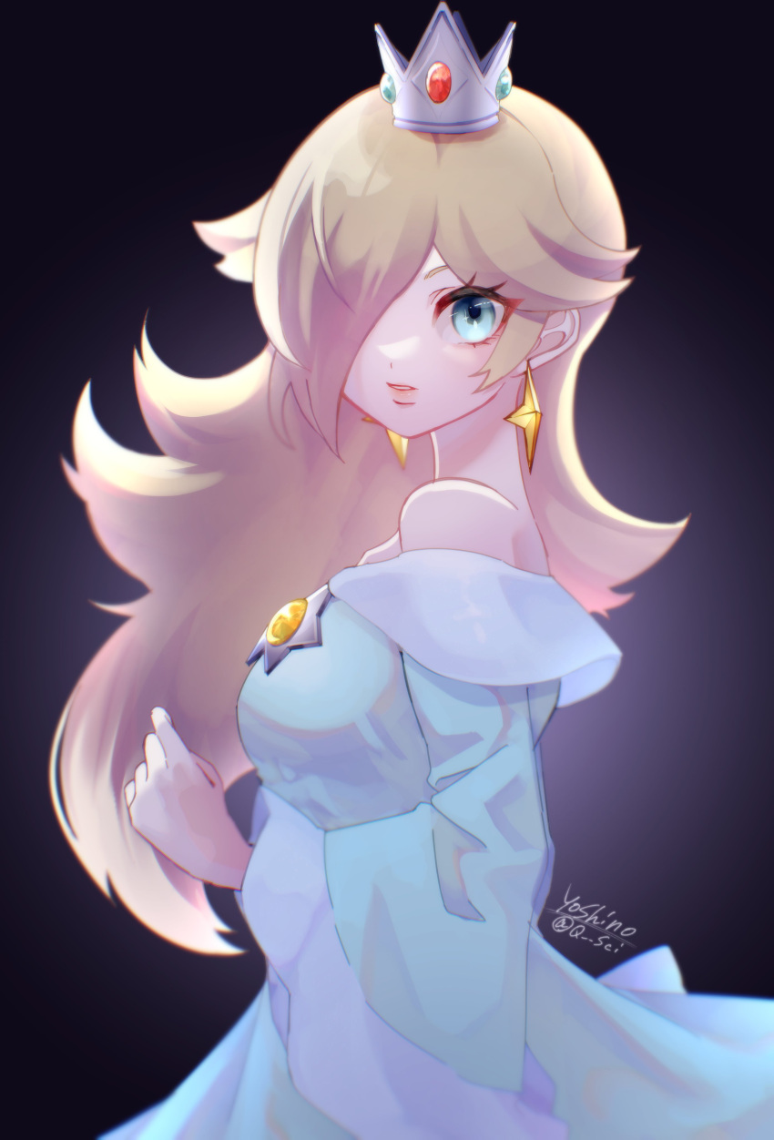 1girl, absurdres, bare_shoulders, blonde_hair, crown, dress, earrings, from_side
