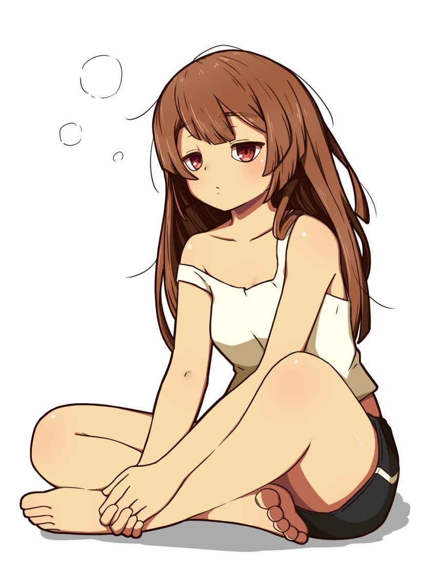 1girl, bare_shoulders, barefoot, blush, brown_hair, collarbone, feet, guilty_gear, guilty_gear_strive, highres, indian_style, long_hair, looking_at_viewer, may_(guilty_gear), nirade44, own_hands_together, red_eyes, shorts, simple_background, sitting, solo