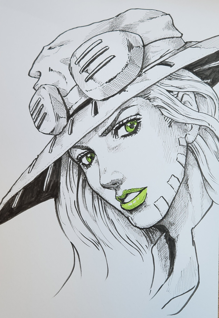 1boy, absurdres, goggles, goggles_on_headwear, green_eyes, green_lips, greyscale, gyro_zeppeli, hat, highres, jojo_no_kimyou_na_bouken, kaib0y, long_hair, male_focus, monochrome, solo, spot_color, steel_ball_run, traditional_media