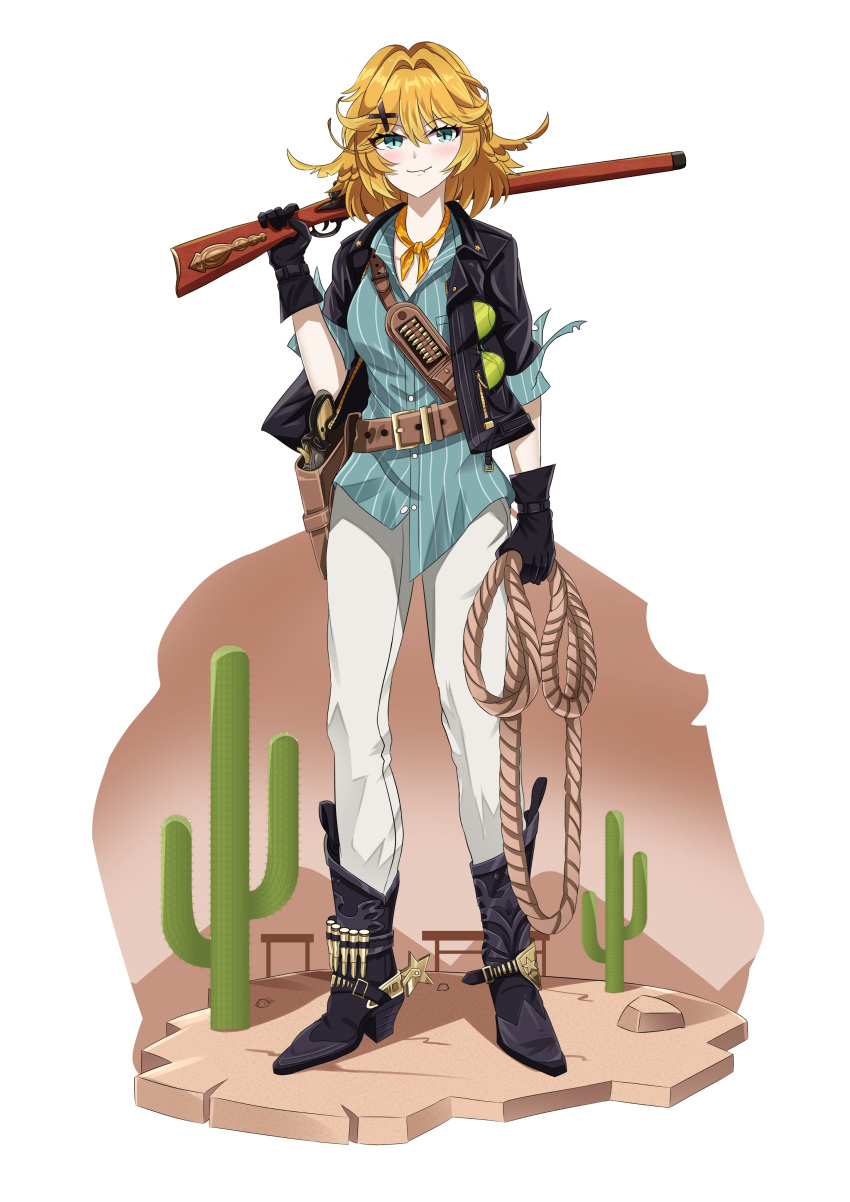 1girl, absurdres, aqua_eyes, aqua_shirt, belt, black_footwear, black_gloves, black_jacket, blonde_hair, boots, breasts, brown_belt, cactus, closed_mouth, cowboy_boots, dokibird_(vtuber), dokibird_(vtuber)_(bounty_hunter), fang, ferdian_(wanieunz028), full_body, gloves, gun, highres, holding, holding_rope, holding_weapon, holstered, indie_virtual_youtuber, jacket, medium_breasts, medium_hair, monkey_girl, neckerchief, open_clothes, open_jacket, orange_neckerchief, pants, rifle, rope, saguaro, shirt, simple_background, skin_fang, smile, solo, standing, striped_clothes, striped_shirt, untucked_shirt, vertical-striped_clothes, vertical-striped_shirt, virtual_youtuber, weapon, white_background, white_pants