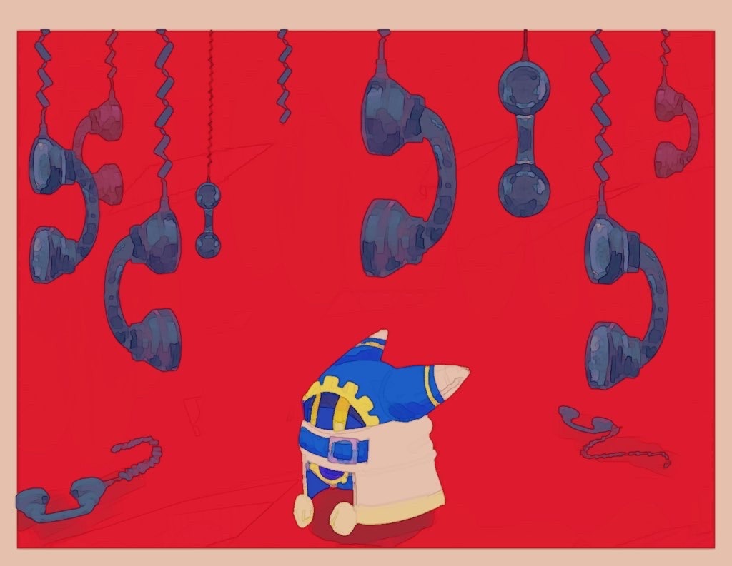 1boy, border, brown_border, corded_phone, gloves, kirby_(series), magolor, nijyu7