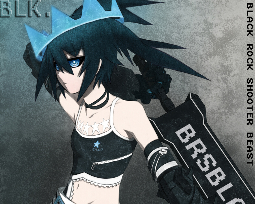 1girl, armored_gloves, black_hair, black_rock_shooter, black_rock_shooter_(character), black_rock_shooter_beast, blue_crown, blue_eyes