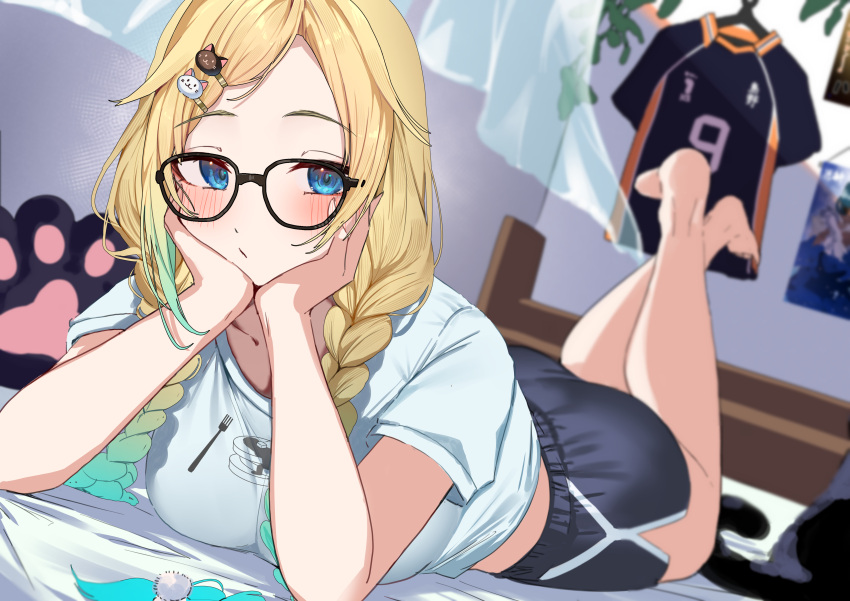 1girl, absurdres, aizawa_ema, aizawa_ema_(4th_costume), bed, black-framed_eyewear, black_shorts, blonde_hair