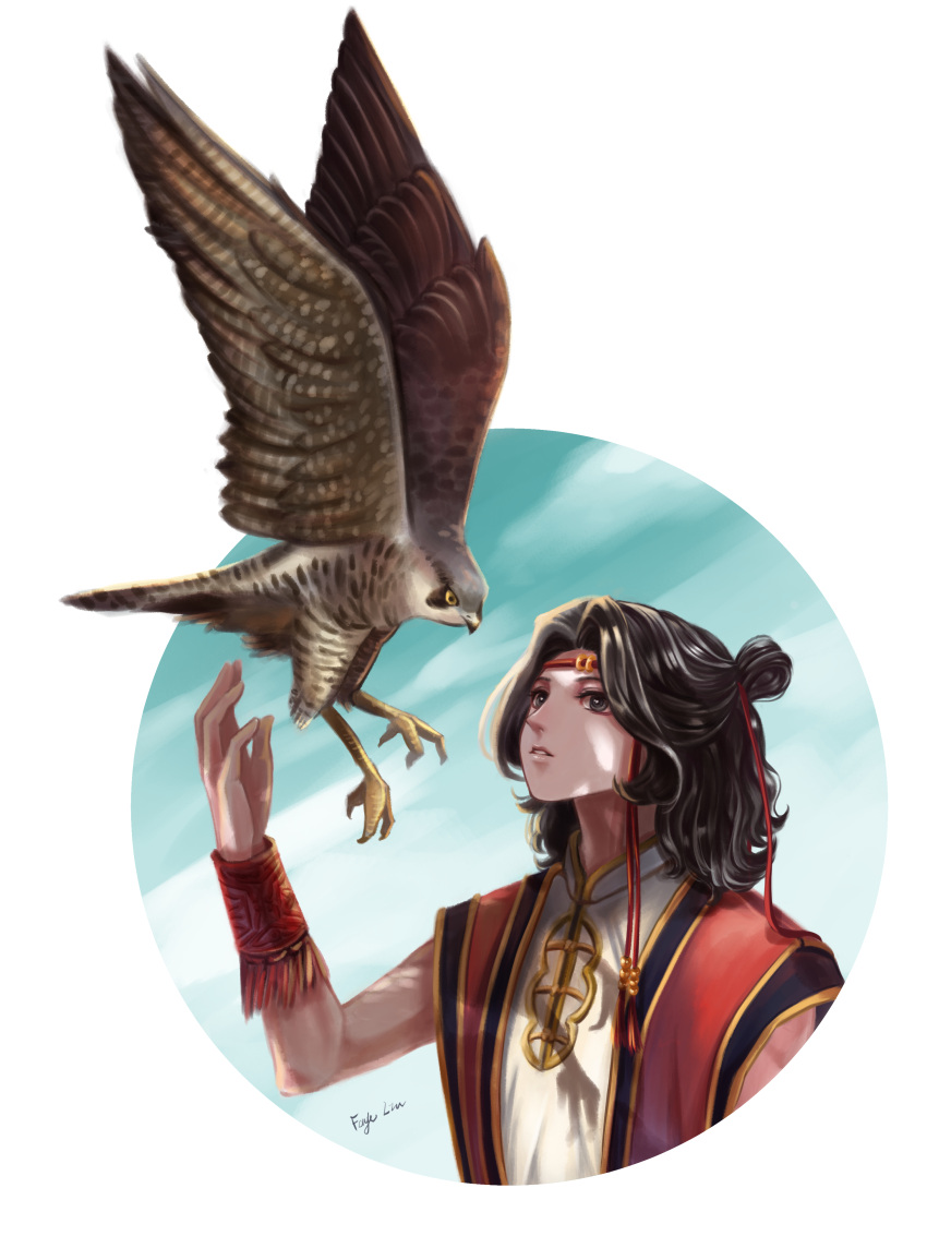 1boy, absurdres, bird, bishounen, black_eyes, black_hair, chinese_clothes, falcon