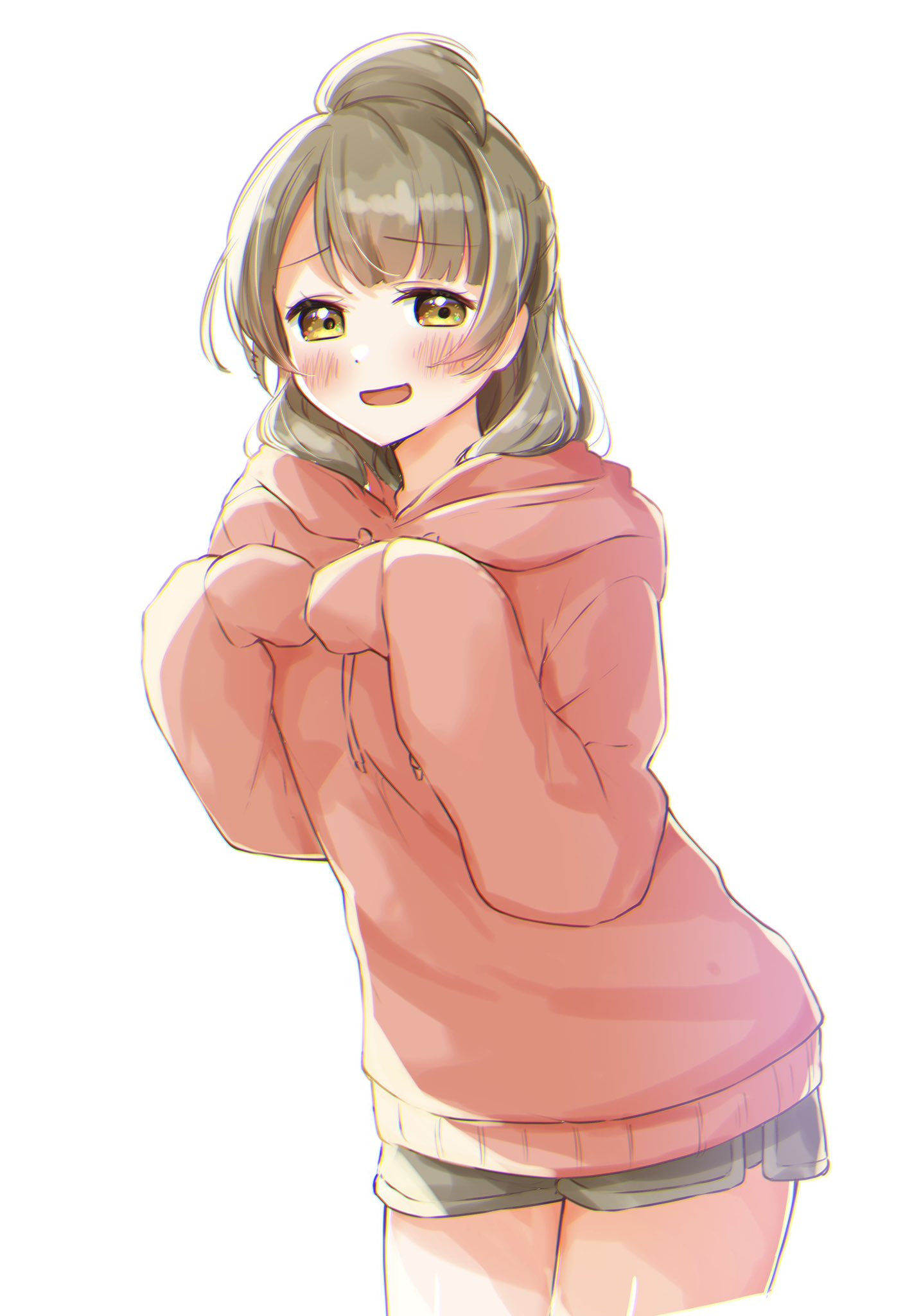 1girl, :d, blunt_bangs, blush, brown_hair, brown_shorts, commentary_request, cowboy_shot