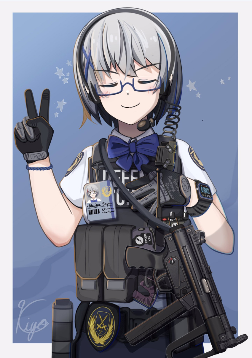 ammunition_pouch, belt, black_gloves, english_text, glasses, gloves, gun, h&amp;k_mp5k