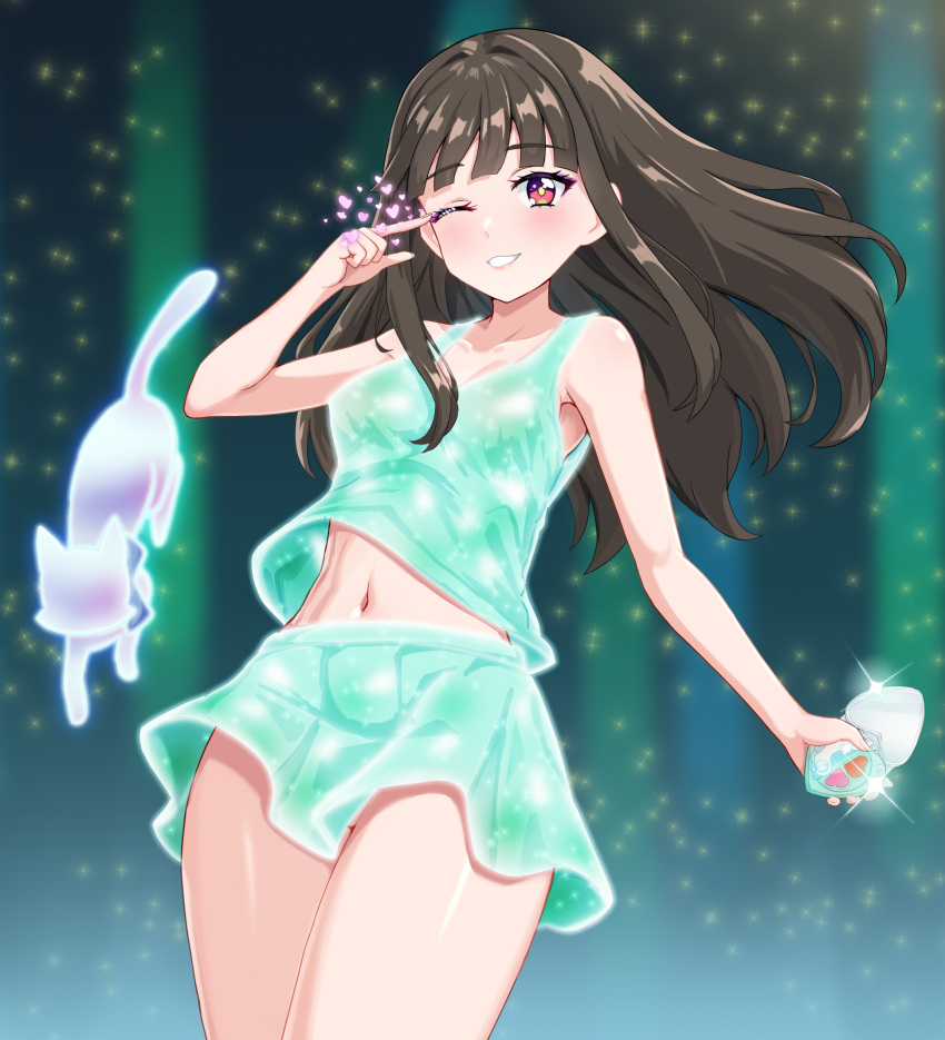 1girl, alcmls1230, alternate_hairstyle, aqua_skirt, aqua_tank_top, black_hair, cat, commentary_request