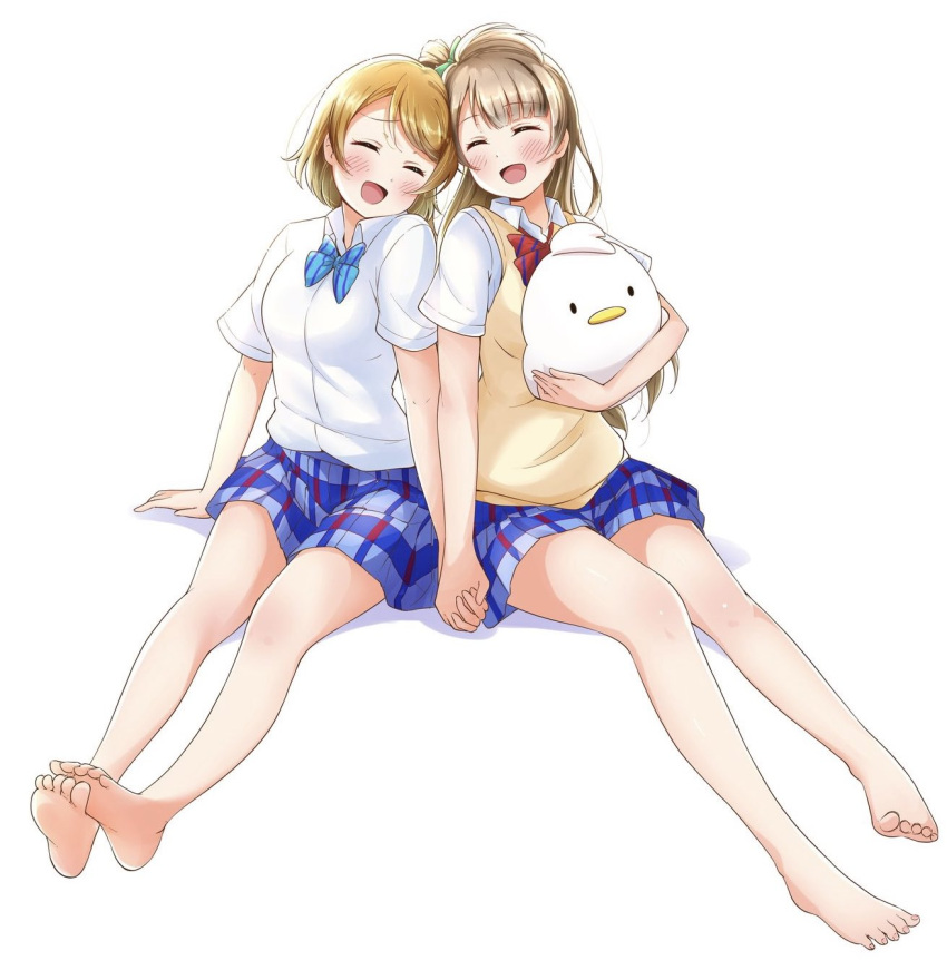 2girls, :d, ^_^, bare_legs, barefoot, blue_bow, blue_bowtie, blue_skirt, blunt_bangs, blush, bow, bowtie, brown_hair, brown_sweater_vest, closed_eyes, collared_shirt, commentary_request, diagonal-striped_bow, diagonal-striped_bowtie, diagonal-striped_clothes, dress_shirt, full_body, highres, holding_hands, kiryu_(sora_no_iroto), koizumi_hanayo, long_hair, love_live!, love_live!_school_idol_project, medium_hair, minami_kotori, minami_kotori_(bird), miniskirt, multiple_girls, open_mouth, otonokizaka_school_uniform, plaid_clothes, plaid_skirt, pleated_skirt, red_bow, red_bowtie, school_uniform, shirt, short_sleeves, side-by-side, simple_background, single_hair_ring, sitting, skirt, smile, striped_clothes, stuffed_animal, stuffed_bird, stuffed_toy, summer_uniform, sweater_vest, swept_bangs, white_background, white_shirt