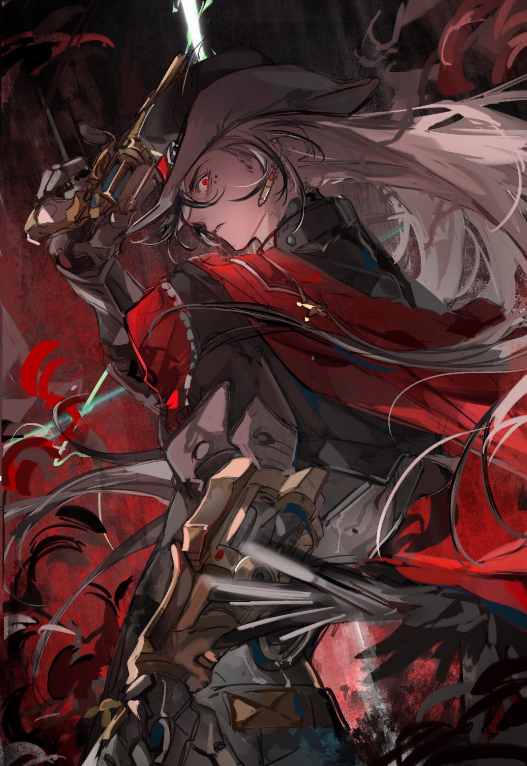 1boy, angry, black_background, black_hair, boothill_(honkai:_star_rail), bullet_earrings, commentary, cyborg