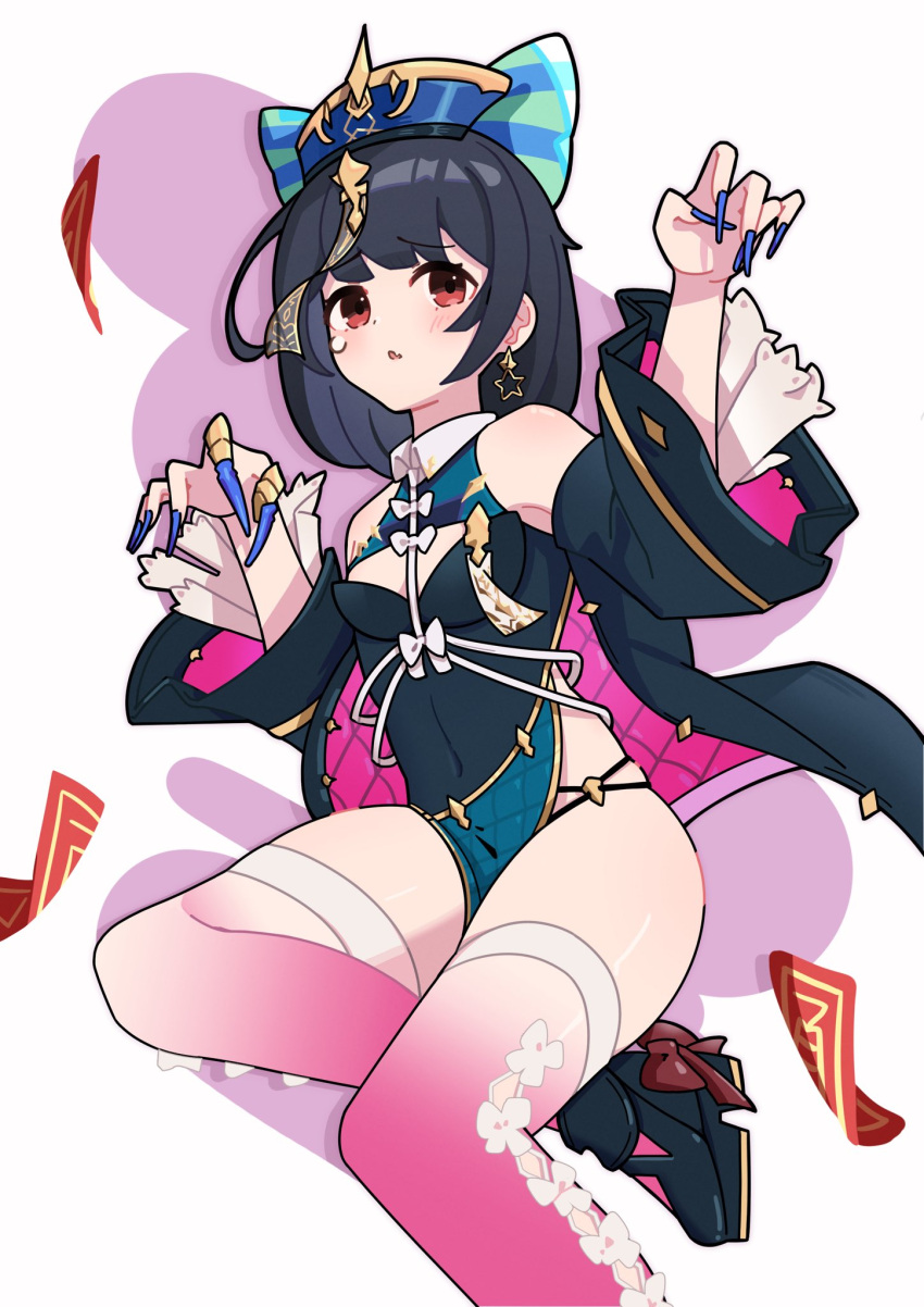 1girl, bare_shoulders, black_footwear, black_hair, blue_nails, bow_legwear, breasts, cosplay, gradient_legwear, granblue_fantasy, highres, jiangshi_costume, medium_hair, ofuda, ofuda_on_head, pigking_luneth, platform_footwear, platform_heels, red_eyes, satyr_(halloween)_(granblue_fantasy), satyr_(halloween)_(granblue_fantasy)_(cosplay), simple_background, small_breasts, solo, thigh-highs, very_long_fingernails, vikala_(granblue_fantasy), white_background, wide_sleeves
