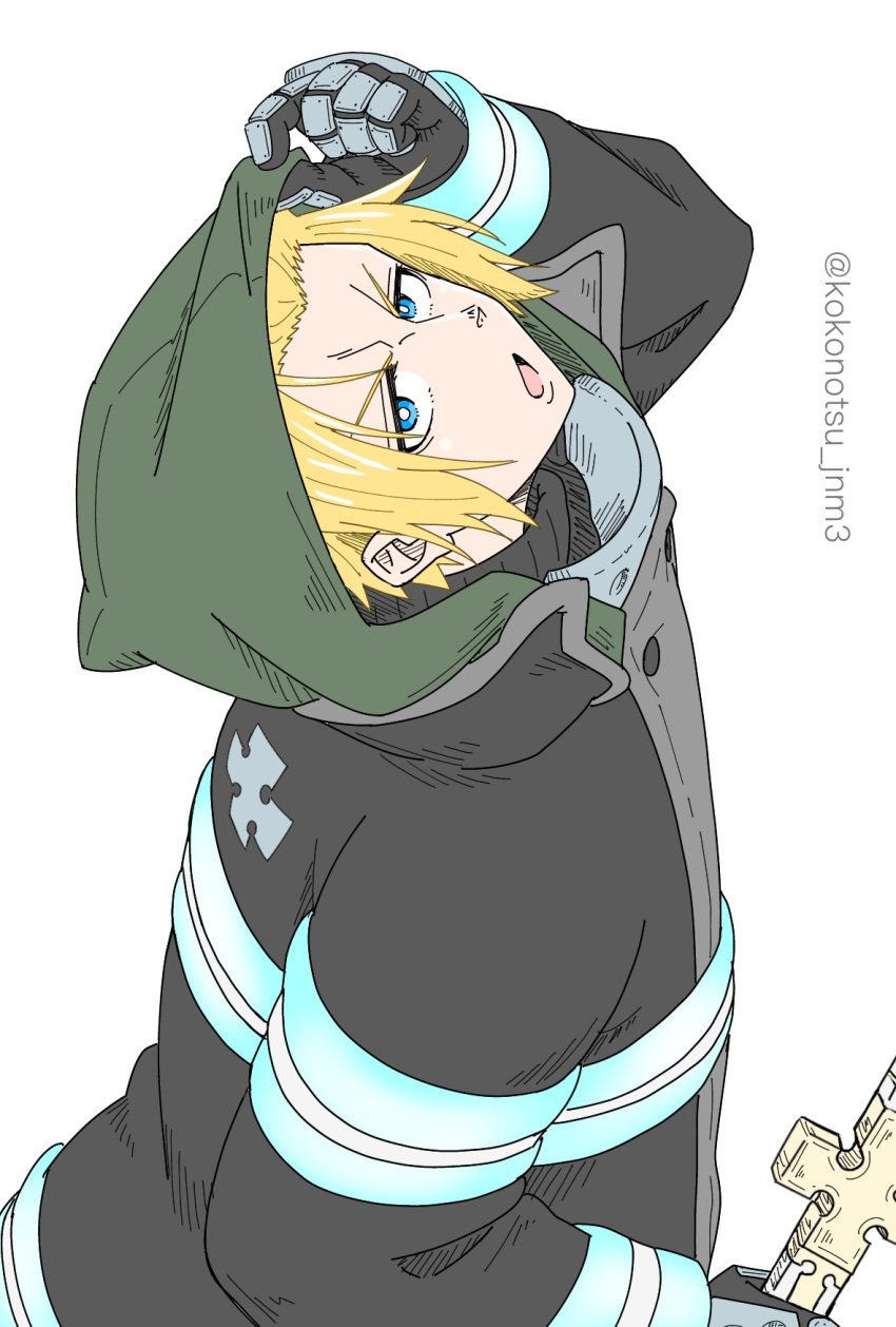 1boy, arthur_boyle, blonde_hair, blue_eyes, en'en_no_shouboutai, firefighter_jacket, green_hoodie, highres