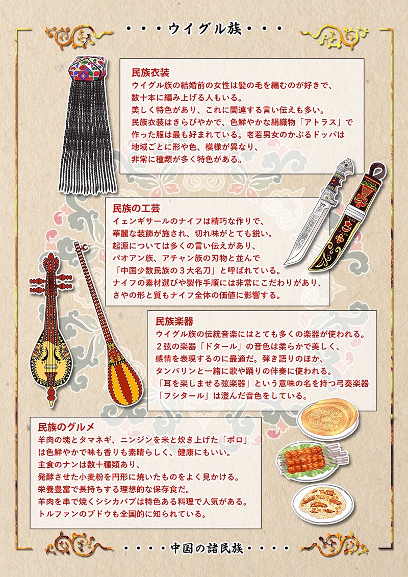 braid, china_comic, food, hat, instrument_request, knife, multiple_braids, no_humans, original, text_focus, translation_request, uygur_clothes