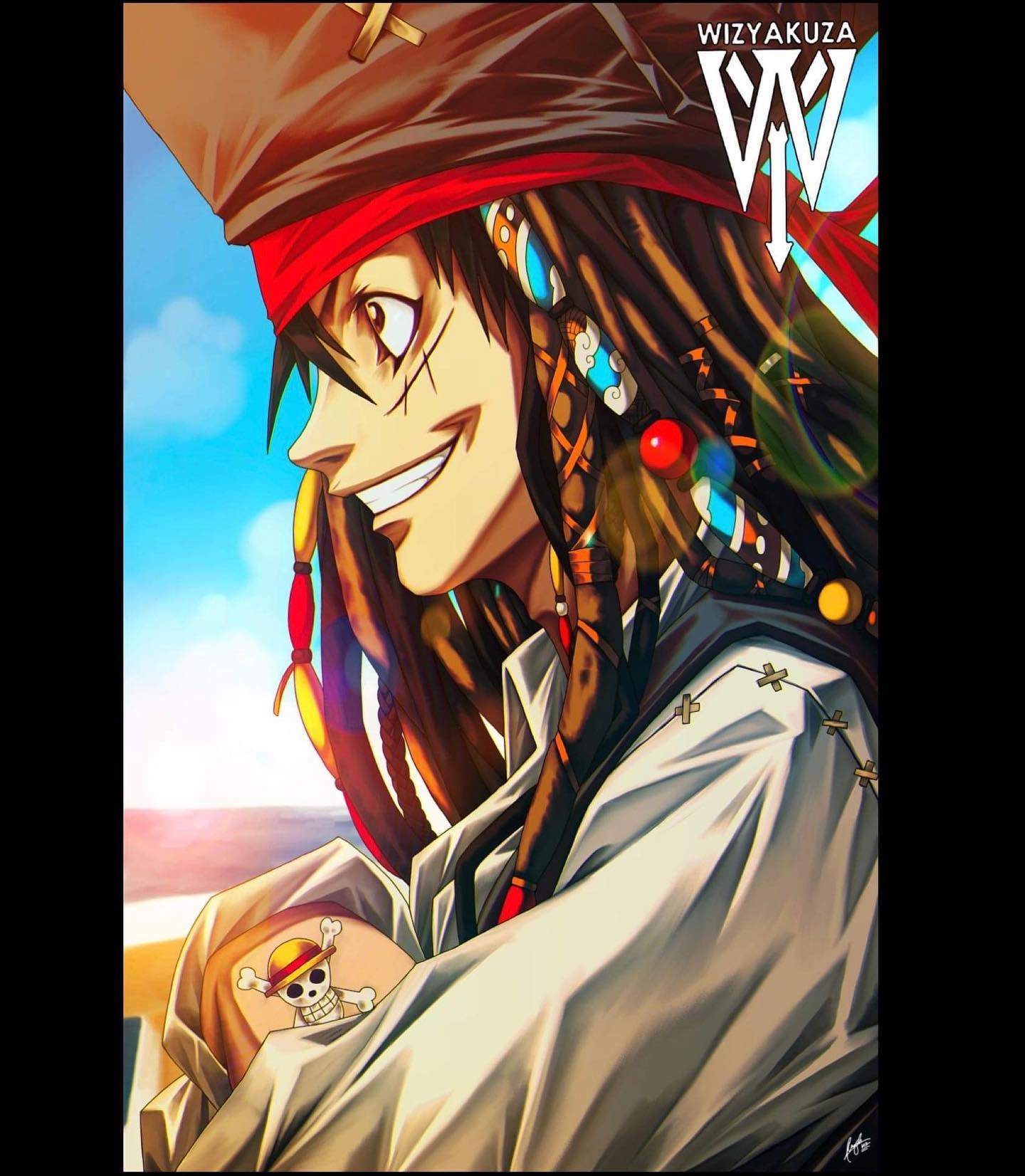 1boy, alternate_costume, alternate_hair_color, alternate_hairstyle, artist_logo, artist_name, bandana, beads
