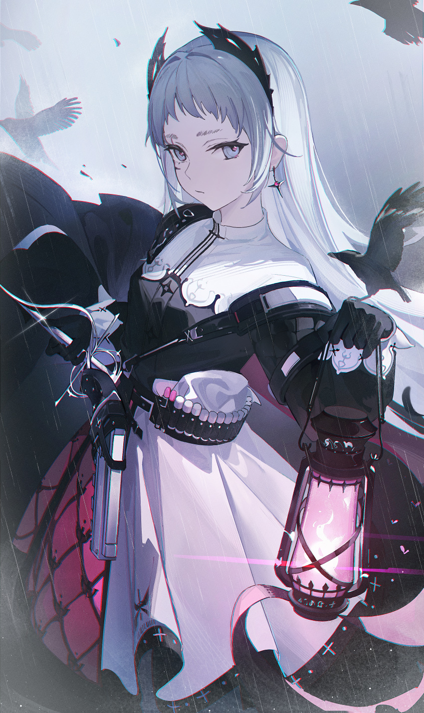 1girl, 2080167236, absurdres, ammunition_belt, arknights, bird, black_gloves, breasts