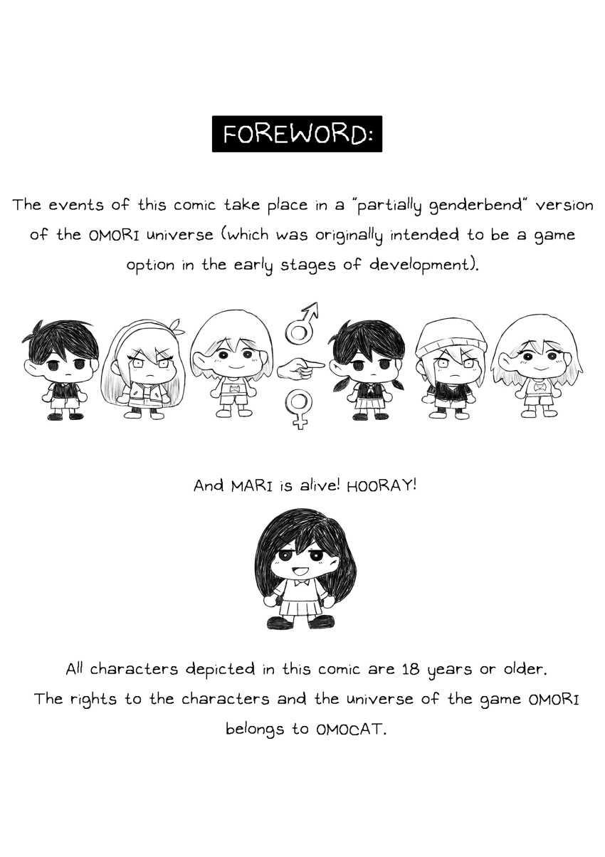 3boys, 4girls, absurdres, antenna_hair, aubrey_(omori), beanie, chibi, genderswap, genderswap_(ftm), genderswap_(mtf), greyscale, hat, headband, highres, kel_(omori), mari_(omori), monochrome, multiple_boys, multiple_girls, omori, skirt, sunny_(omori), twintails, vegasvat1