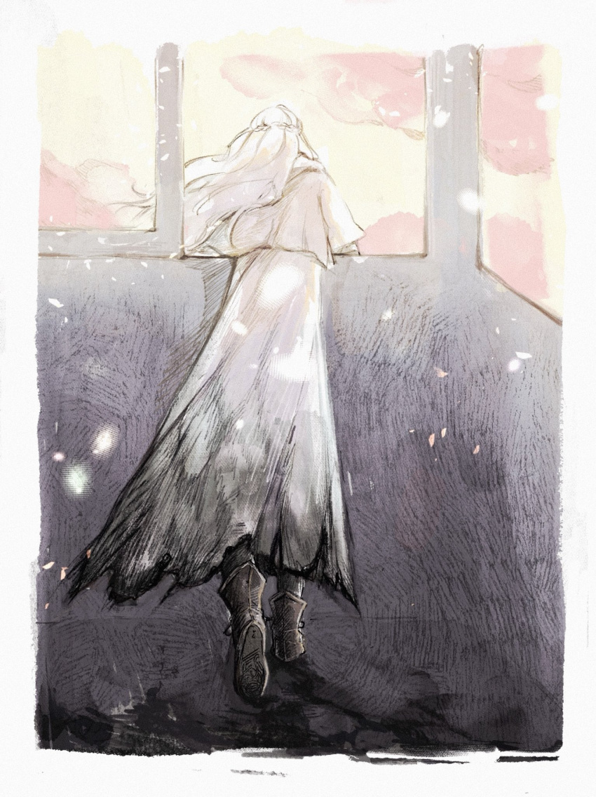 1girl, border, brown_footwear, capelet, facing_away, final_fantasy, final_fantasy_xiv, from_behind