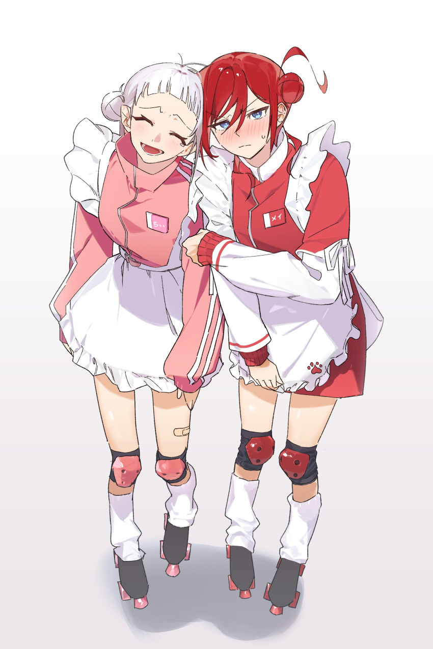 2girls, :d, ^_^, absurdres, alternate_costume, antenna_hair, apron, arashi_chisato