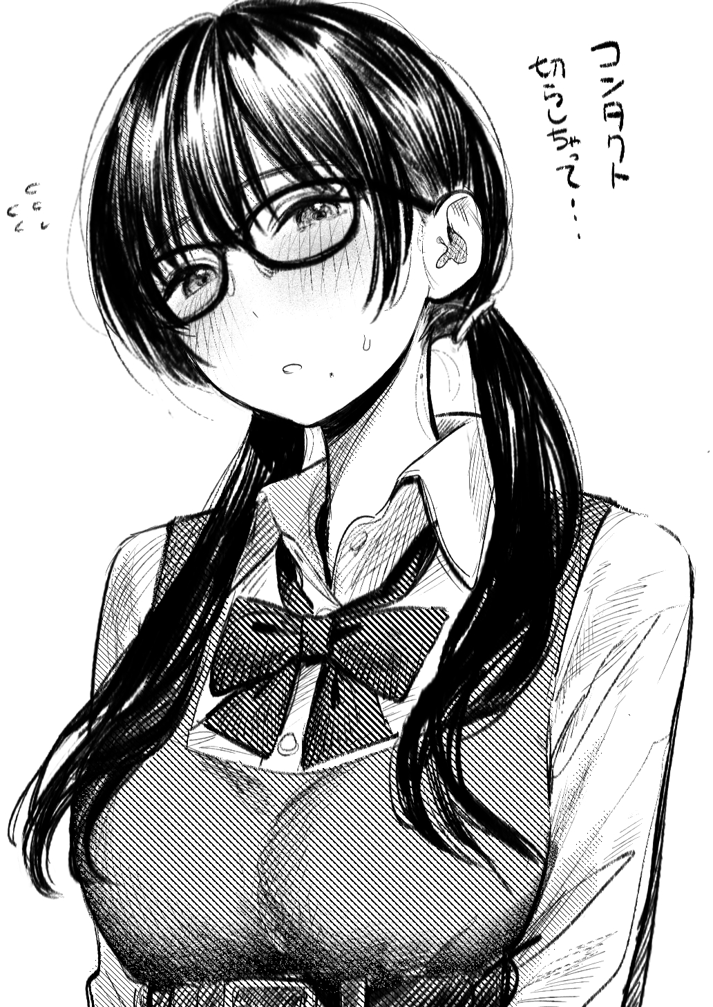 1girl, bespectacled, blush, bow, bowtie, breasts, collared_shirt, dress