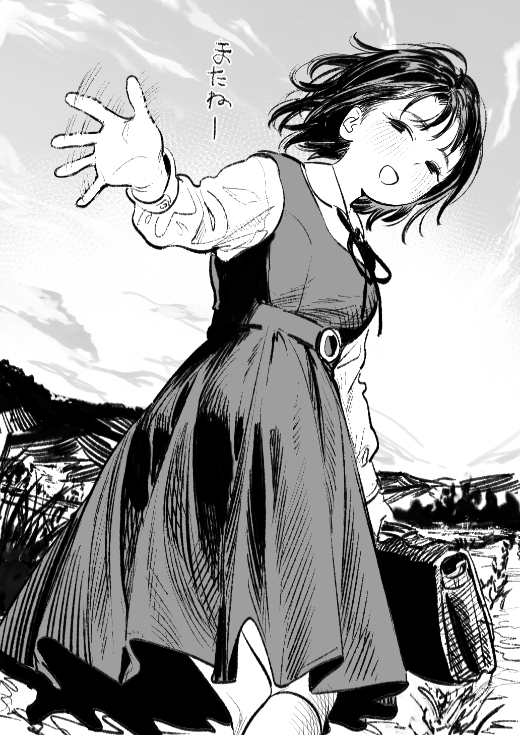 1girl, blush, briefcase, dress, greyscale, highres, looking_at_viewer, momokumo