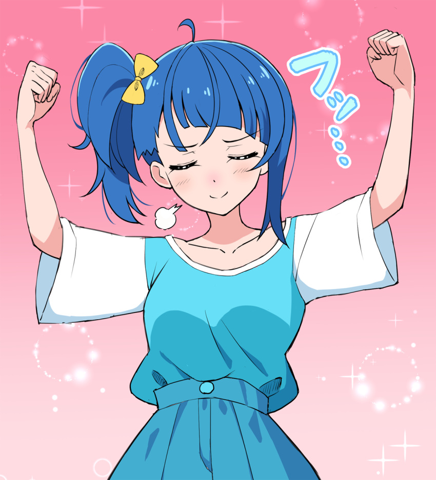 1girl, ahoge, arms_up, blue_hair, blue_shirt, blue_skirt, bow, clenched_hand, clenched_hands, closed_eyes, closed_mouth, collarbone, colombia_pose_(meme), commentary, facing_viewer, gradient_background, hair_bow, highres, hirogaru_sky!_precure, kaatsu_katsurou, light_particles, medium_hair, meme, pink_background, precure, puff_of_air, raglan_sleeves, shirt, short_sleeves, side_ponytail, single_sidelock, skirt, smile, solo, sora_harewataru, sparkle, t-shirt, translated, yellow_bow