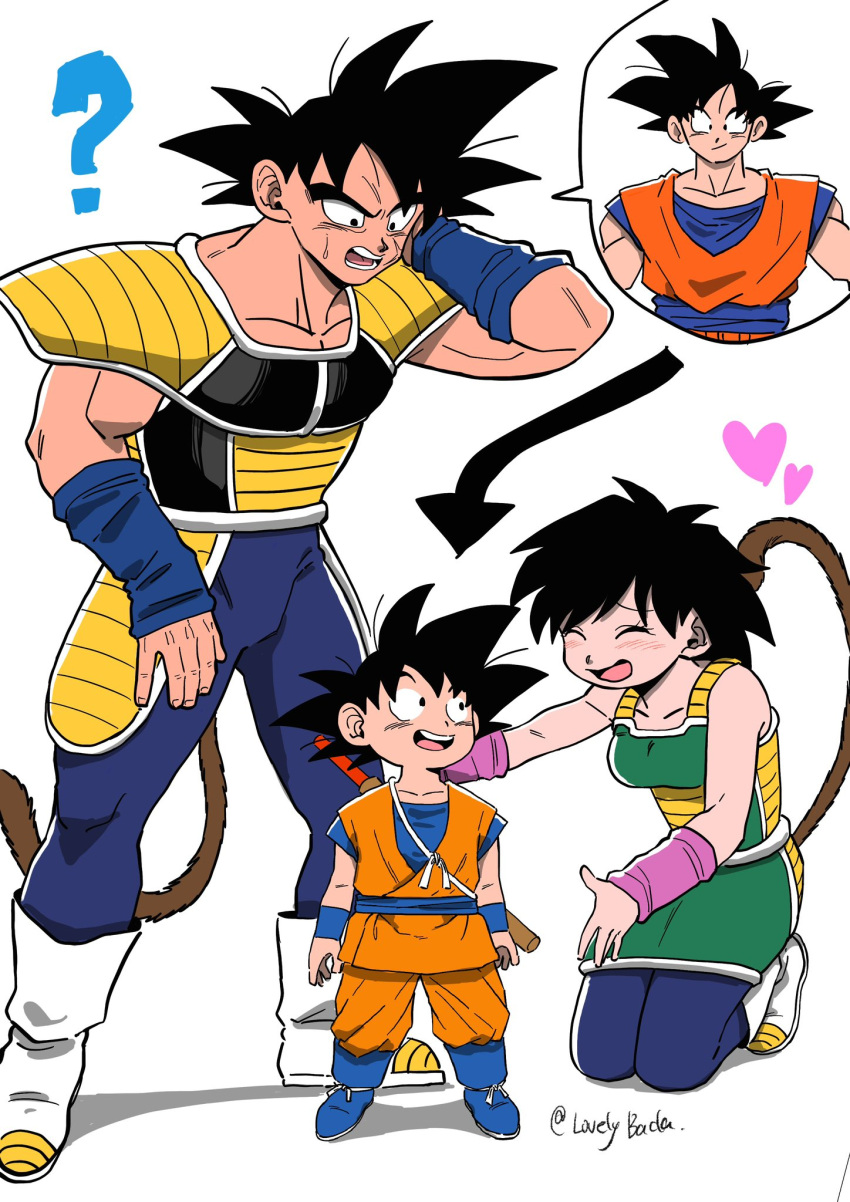 1girl, 2boys, armor, bardock, black_eyes, black_hair, breasts, closed_eyes